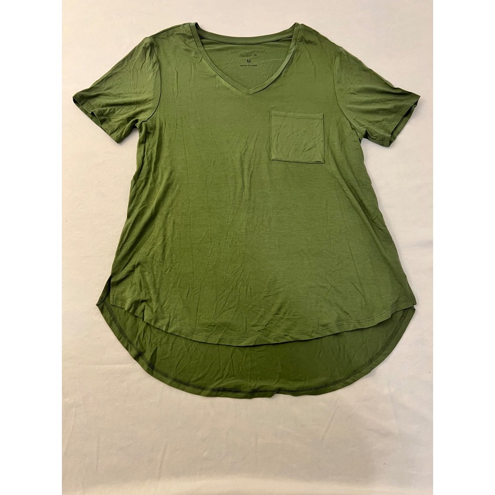 Grace + Karma Essential Tee Olive Green V-Neck Pocket High-Low T-Shirt RN 165911